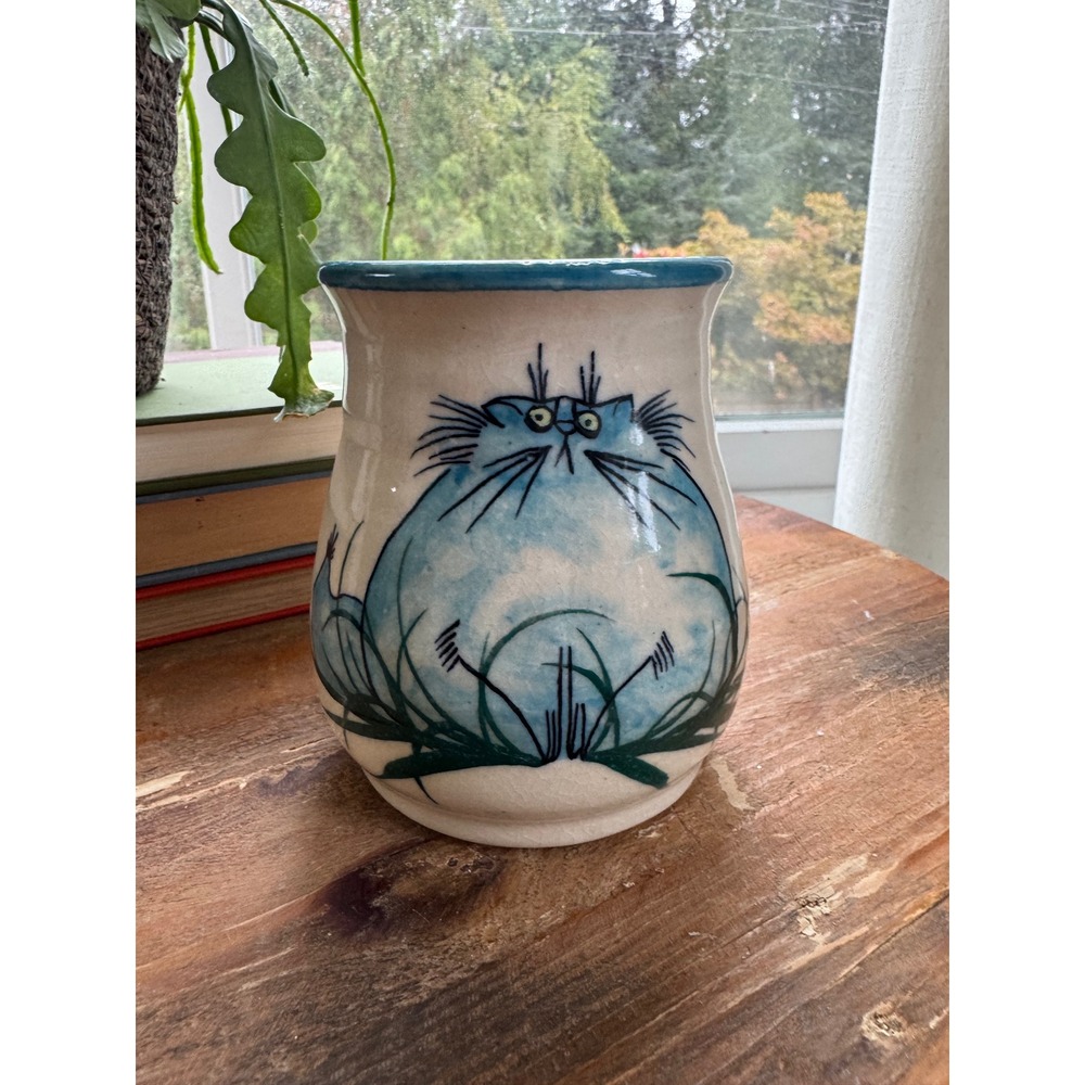 Vintage 1993 Moonfire Pottery Fat Cat Mug Signed MFP Studio Art Stoneware
